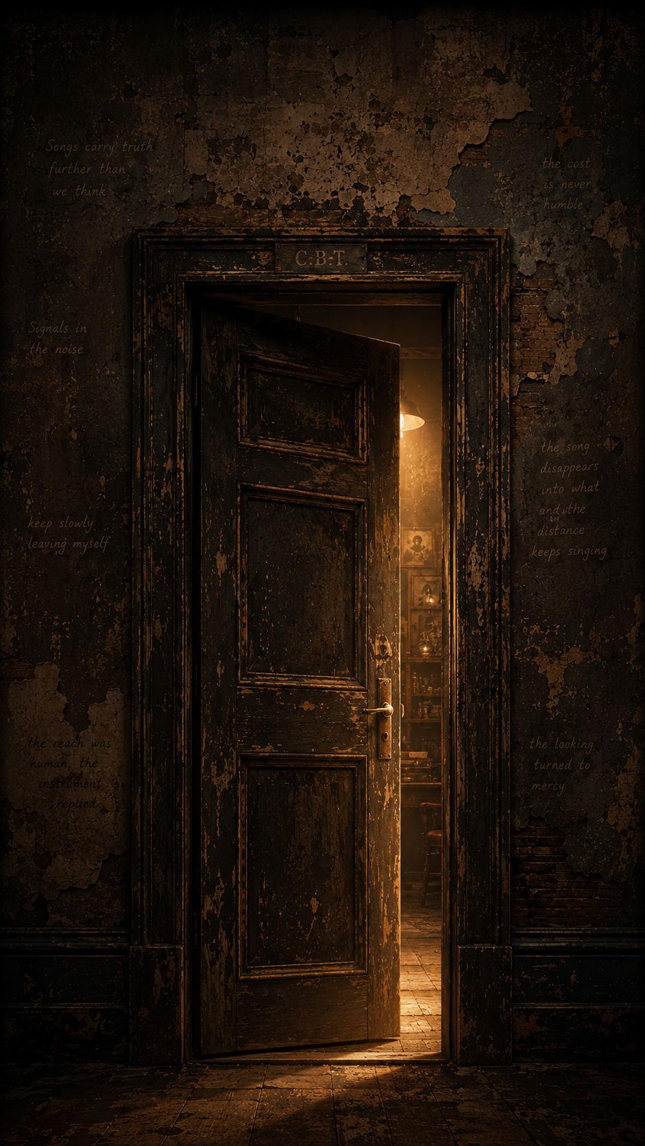 A worn door, slightly ajar, warm light spilling from inside
